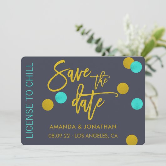 Quirky License om bruiloft te koelen Save the Date (Staand voorkant)