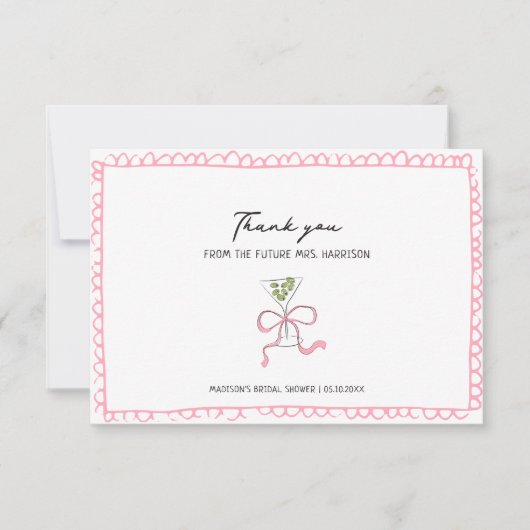 Quirky Martini Bow Hand getrokken Vrijgezellenfees Bedankkaart (Voorkant)