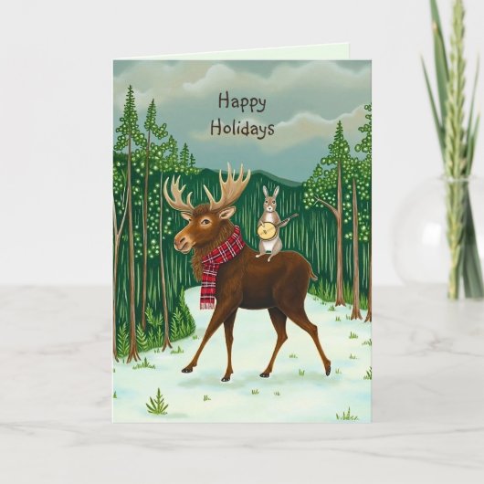 Quirky Moose Rabbit Forest Winter Scene Kerstmis Kaart (Voorkant)