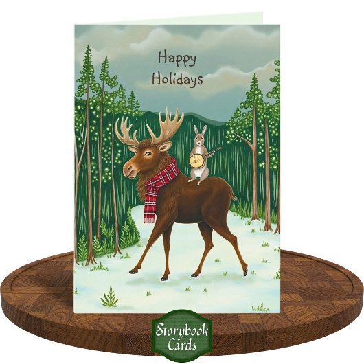 Quirky Moose Rabbit Forest Winter Scene Kerstmis Kaart