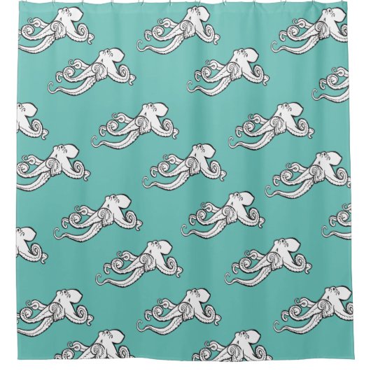 Quirky Octopus Schetsen Blauwgroen Douchegordijn (Voorkant)