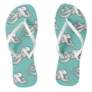 Quirky Octopus Sketches Patroon Blauwgroen Teenslippers