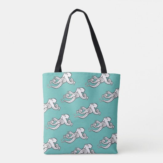 Quirky Octopus Sketches Patroon Blauwgroen Tote Bag (Achterkant)