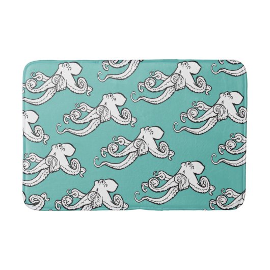 Quirky Octopus Sketches Pattern Teal Badmat (Voorkant)
