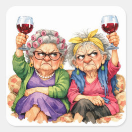 Quirky Old Ladies with Red Wine Vierkante Sticker