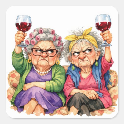 Quirky Old Ladies with Red Wine Vierkante Sticker (Voorkant)
