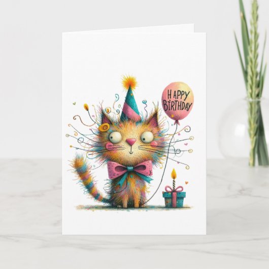 Quirky Orange Cat with Party Hat and Cake Birthday Kaart (Voorkant)