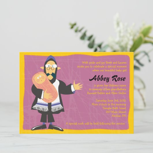 Quirky Rabbi Jewish Baby Naming Invitation Kaart (Staand voorkant)