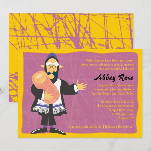 Quirky Rabbi Jewish Baby Naming Invitation Kaart (Voorkant / Achterkant)