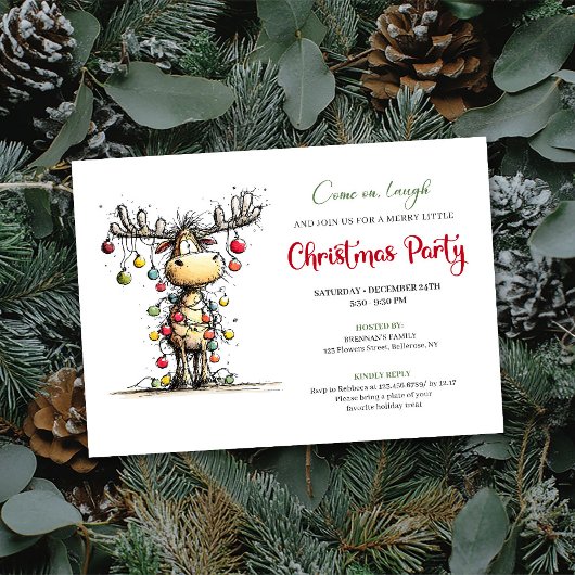 Quirky red green reindeer Christmas party invite Kaart