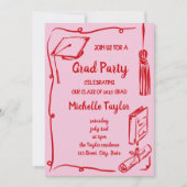 Quirky Red Pink Unique Hand Drawn Afstudeerder Par Kaart (Voorkant)