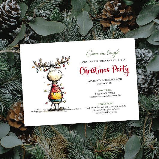Quirky Reindeer Holiday Party Invitation Card Kaart
