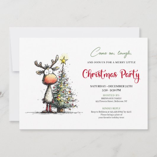 Quirky Reindeer Minimalist Holiday Party Invite Kaart (Voorkant)