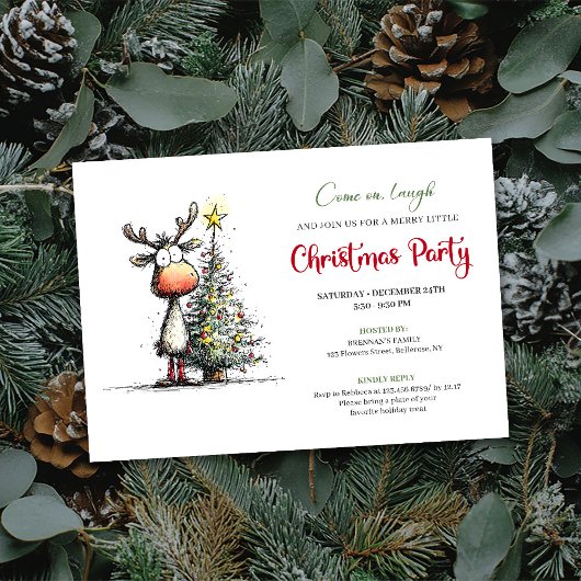 Quirky Reindeer Minimalist Holiday Party Invite Kaart