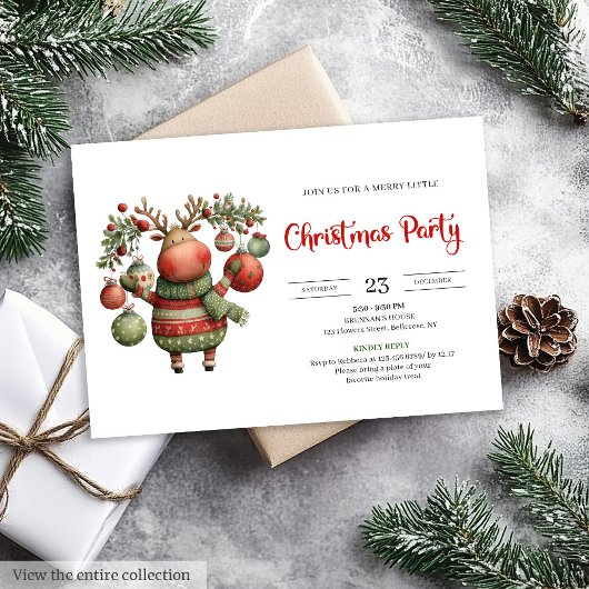 Quirky Reindeer watercolor holiday party invites Kaart