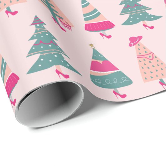 Quirky Roze kerstbomen Cadeaupapier (Rol Hoek)