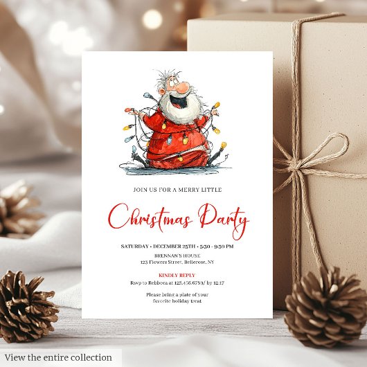 Quirky Santa Watercolor Holiday Party Invitation  Kaart