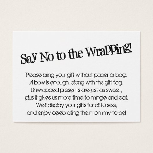 Quirky Say No to Wrapping Baby shower Cadeaukaart Visitekaartje (Voorkant)
