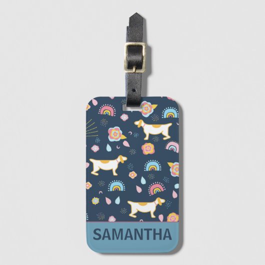 Quirky Schattige Dog Rainbow Pattern Blue Geperson Bagagelabel (Voorkant (verticaal))