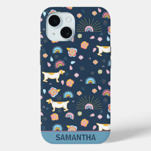 Quirky Schattige Dog Rainbow Pattern Blue Geperson iPhone 15 Case