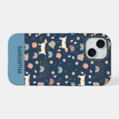 Quirky Schattige Dog Rainbow Pattern Blue Geperson iPhone 15 Case (Achterkant horizontaal)