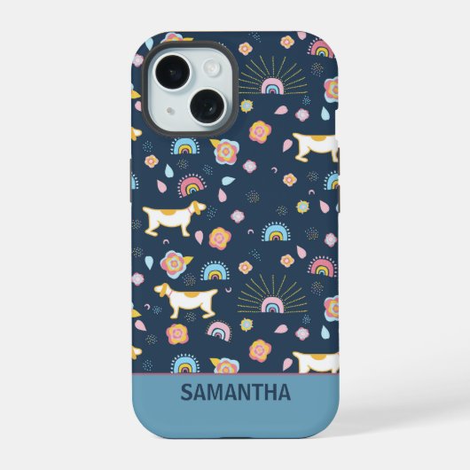 Quirky Schattige Dog Rainbow Pattern Blue Geperson iPhone 15 Case (Achterkant)
