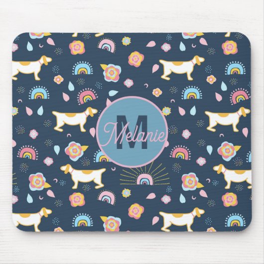 Quirky Schattige Dog Rainbow Pattern Blue Geperson Muismat (Voorkant)