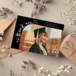 Quirky Stars Black Grad Photo Thank You Aankondiging<br><div class="desc">Quirky and whimsical graduation announcement photo card featuring a photo on the front and 1 on the back. The text says "thank you" in quirky hand writing with stars and confettis. Add the graduate's name,  information,  and message to personalize this card. Black.</div>