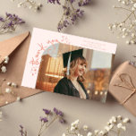 Quirky Stars Peach Grad Photo Thank You Aankondiging<br><div class="desc">Quirky and whimsical graduation announcement photo card featuring a photo on the front and 1 on the back. The text says "thank you" in quirky hand writing with stars and confettis. Add the graduate's name,  information,  and message to personalize this card. Peach.</div>
