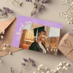 Quirky Stars Wisteria Grad Photo Thank You Aankondiging<br><div class="desc">Quirky and whimsical graduation announcement photo card featuring a photo on the front and 1 on the back. The text says "thank you" in quirky hand writing with stars and confettis. Add the graduate's name,  information,  and message to personalize this card. Wisteria.</div>