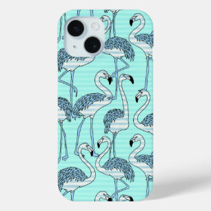 Quirky Striped Turquoise Flamingos Pattern iPhone 15 Case