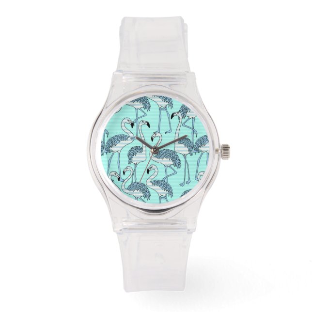 Quirky Striped Turquoise Flamingos Pattern Horloge (Voorkant)