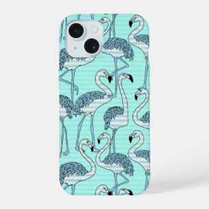 Quirky Striped Turquoise Flamingos Pattern iPhone 15 Case