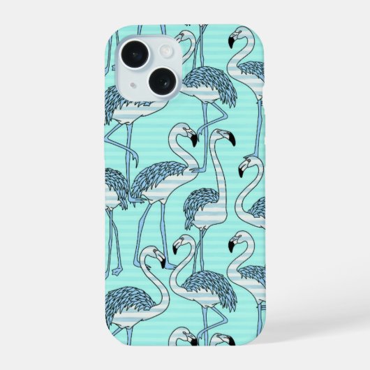 Quirky Striped Turquoise Flamingos Pattern iPhone 15 Case (Achterkant)