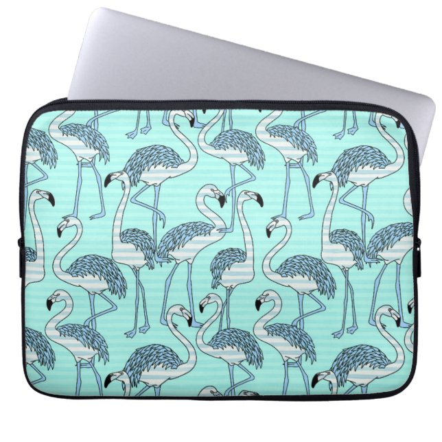 Quirky Striped Turquoise Flamingos Pattern Laptop Sleeve (Voorkant)