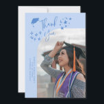 Quirky Thank You Stars Icy Blue Graduate Photo Aankondiging<br><div class="desc">Quirky and whimsical graduation announcement photo card featuring a curved photo on the front and 1 on the back. The text says "Thank You" with hand drawn stars and a graduation cap. Add the graduate's name,  information,  and message to personalize this card. Icy Blue background.</div>