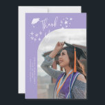 Quirky Thank You Stars Lilac Graduate Photo Aankondiging<br><div class="desc">Quirky and whimsical graduation announcement photo card featuring a curved photo on the front and 1 on the back. The text says "Thank You" with hand drawn stars and a graduation cap. Add the graduate's name,  information,  and message to personalize this card. Lilac background.</div>