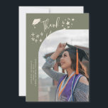 Quirky Thank You Stars Sage Green Graduate Photo Aankondiging<br><div class="desc">Quirky and whimsical graduation announcement photo card featuring a curved photo on the front and 1 on the back. The text says "Thank You" with hand drawn stars and a graduation cap. Add the graduate's name,  information,  and message to personalize this card. Sage green background.</div>