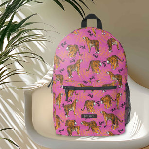 Quirky Tiger Pattern op Bright Roze Bedrukte Rugzak