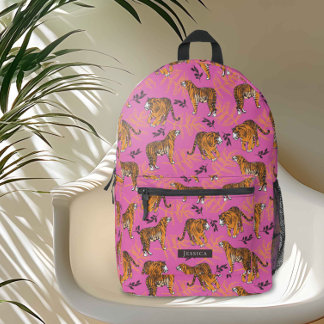 Quirky Tiger Pattern op Bright Roze Bedrukte Rugzak