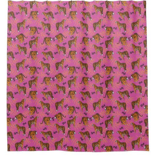 Quirky Tiger Pattern op Bright Roze Douchegordijn (Voorkant)
