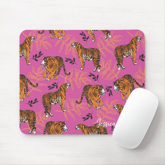Quirky Tiger Pattern op Bright Roze Muismat (Met muis)