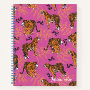Quirky Tiger Pattern op Bright Roze Notitieboek