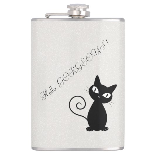 Quirky Whimsical Black Cat Glittery Hallo Prachtig Heupfles (Voorkant)