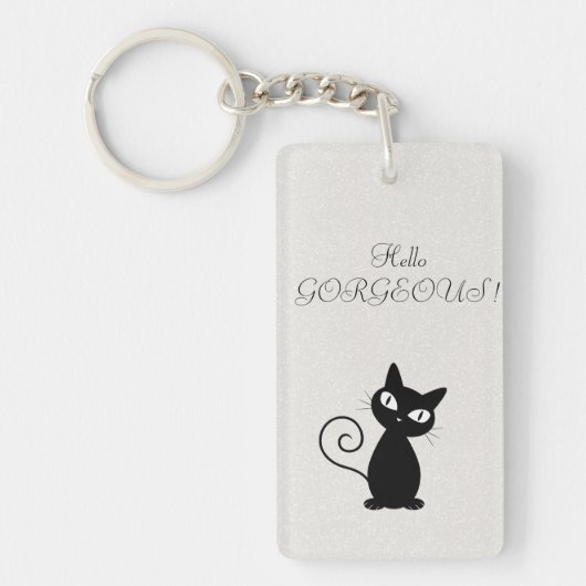 Quirky Whimsical Black Cat Glittery Hallo Prachtig Sleutelhanger (Voorkant)