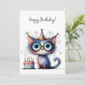 Quirky Whimsical Cat Party Hat Cake Birthday Kaart (Staand voorkant)
