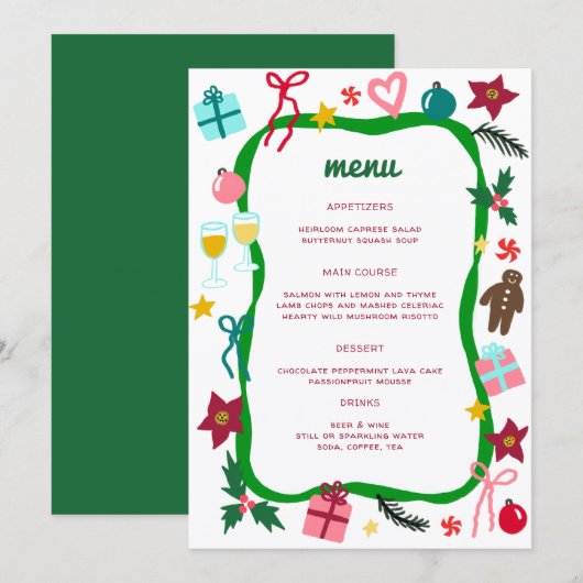 Quirky Whimsical Christmas CUSTOM Holiday Party Menu (Voorkant / Achterkant)