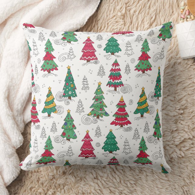Quirky Whimsical Decorated Christmas Trees Doodles Kussen (Deken)