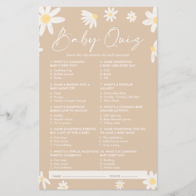 Quiz Baby shower spel, Daisy Baby shower spel (Voorkant)