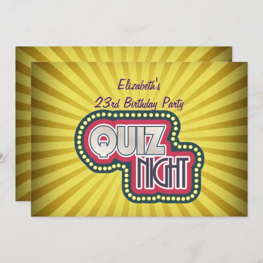 Quiz Night Birthday Trivia Party Yellow Sunburst Kaart (Voorkant / Achterkant)